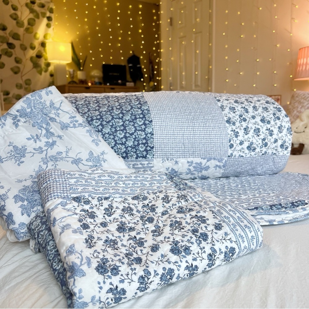 Vintage King Reversible Blue & White Floral Patchwork Quilt Comforter Shams Set - Picture 4 of 7